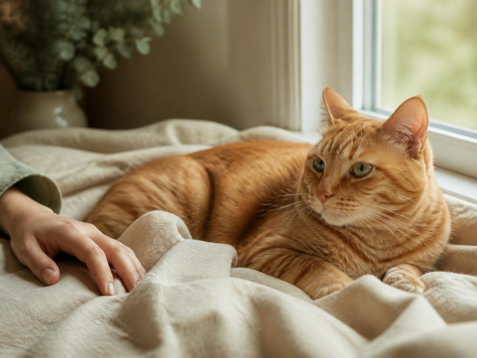 A cat sitting calmly, watching a person approach