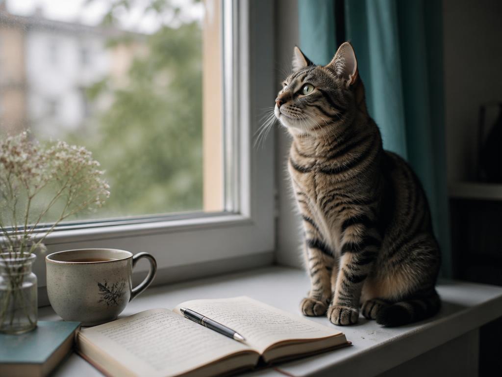 A tabby cat sitting beside an open notebook on a sunlit windowsill