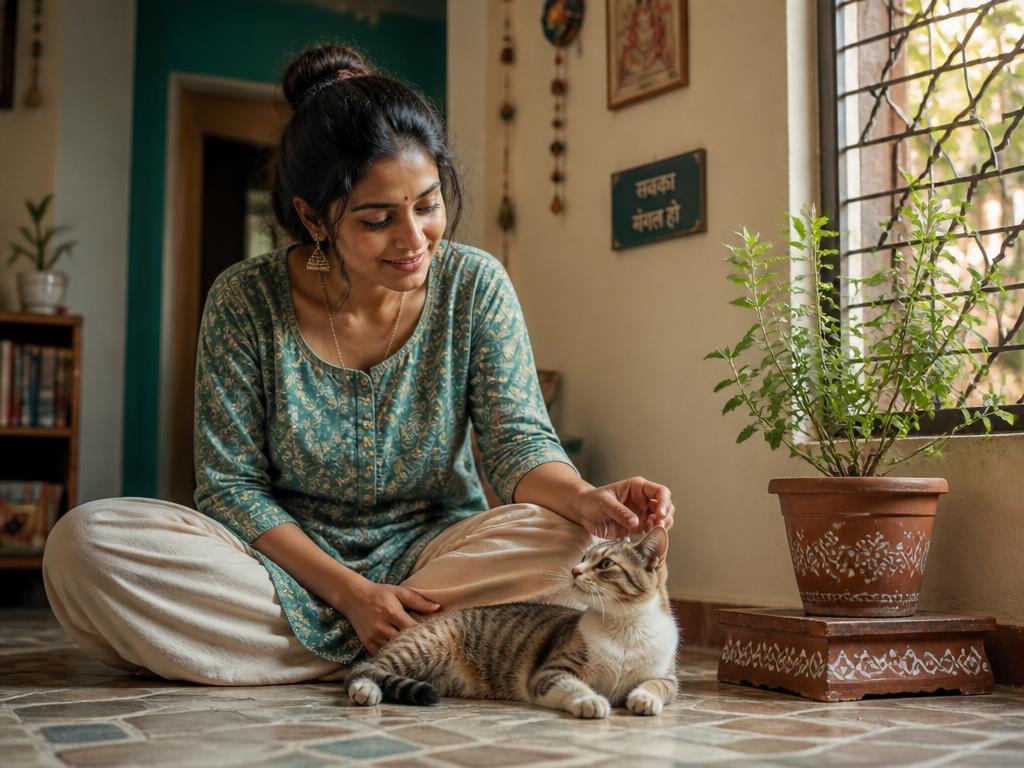 An Indian woman sitting on the floor at home, gently greeting her cat